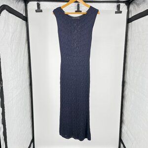 Ralph Lauren Black Label M 100% Silk Knit Maxi Dress Navy Blue Sleeveless Luxury